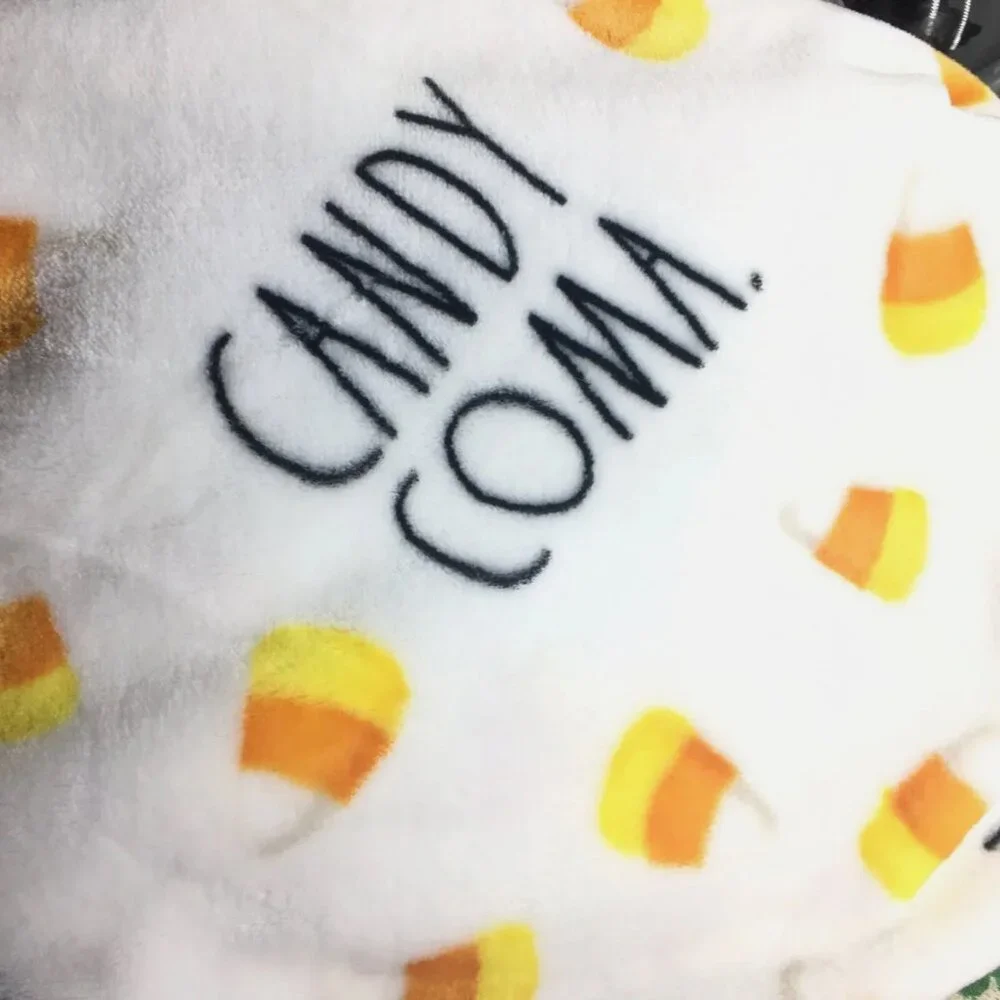 Rae Dunn Halloween CANDY COMA MicroFleece Throw Blanket Orange Yellow Candy Corn